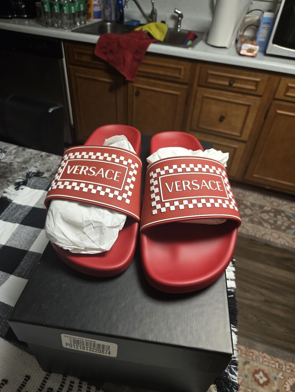 Versace Red Checkerboard Logo Slide Sandals